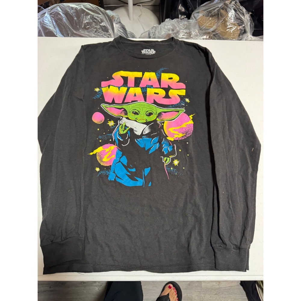 Star Wars Grogu Mad Engine Black Neon Baby Yoda Graphic Long Sleeve Tee S